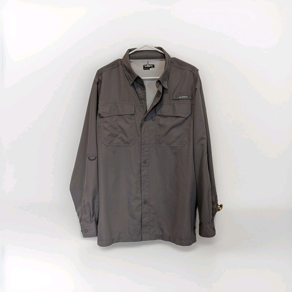 Habit Shirt Men's Size Medium Brushed Nickel Polyester Vented Fishing Button-Up